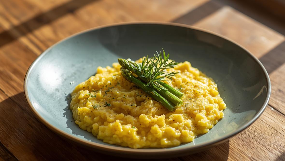 Bild: Freitagstisch: Zitronen Risotto mit grünem Spargel und Beilagensalat